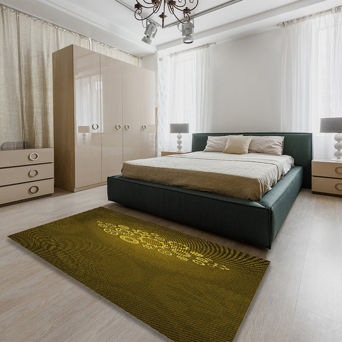 Patterned Dark Yellow Green Rug in a Bedroom, pat1424yw