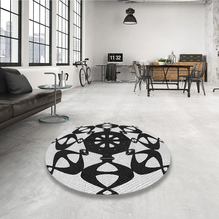 Round Patterned Dark Gray Black Rug in a Office, pat1425gry