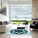 Square Patterned Medium Teal Green Rug in a Living Room, pat1425lblu