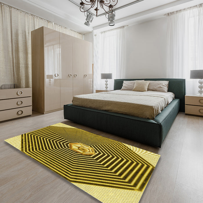 Patterned Golden Brown Yellow Rug in a Bedroom, pat1427yw