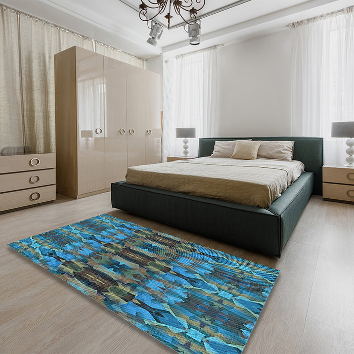 Patterned Dark Blue Grey Blue Rug in a Bedroom, pat1428lblu