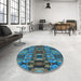 Round Patterned Dark Blue Grey Blue Rug in a Office, pat1428lblu