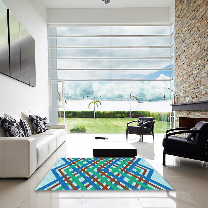 Square Patterned Azure Blue Rug in a Living Room, pat1433lblu