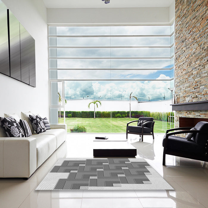 Square Patterned Silver Gray Rug in a Living Room, pat1434gry