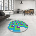 Round Machine Washable Transitional Steel Blue Rug in a Office, wshpat1434