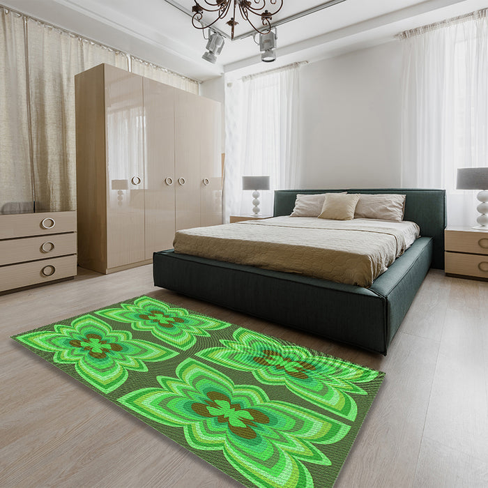 Patterned Dark Lime Green Rug in a Bedroom, pat1437grn
