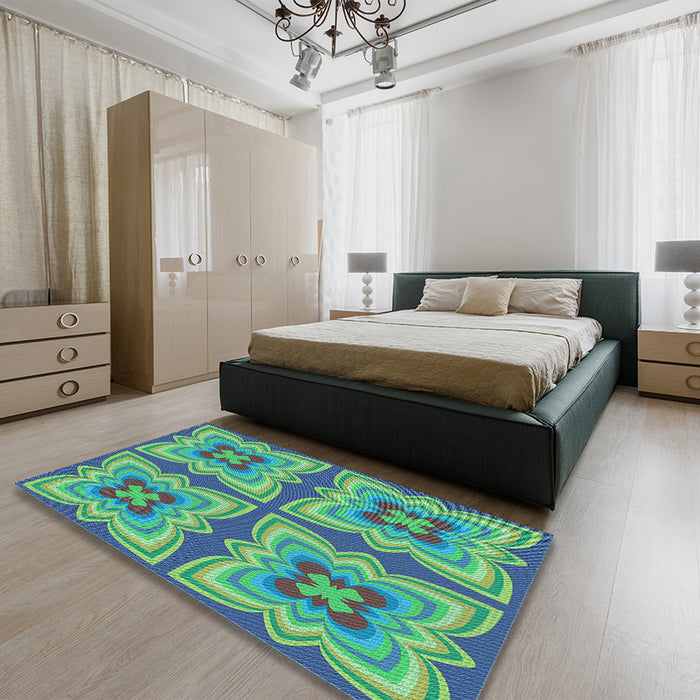 Patterned Steel Blue Rug in a Bedroom, pat1437lblu