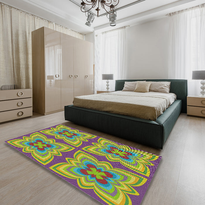 Patterned Yellow Green Novelty Rug in a Bedroom, pat1437