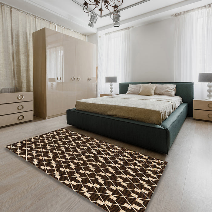 Patterned Black Brown Rug in a Bedroom, pat144org