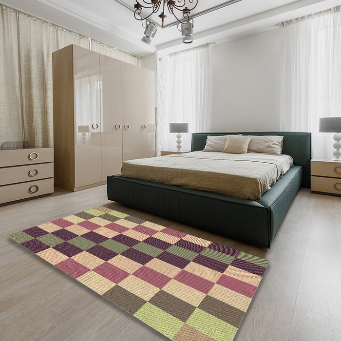 Patterned Brown Green Rug in a Bedroom, pat1441brn