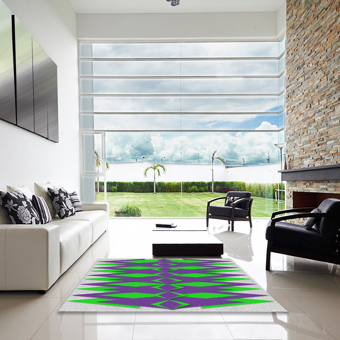 Square Patterned Green Modern Rug in a Living Room, pat1442