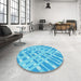 Round Patterned Deep Sky Blue Rug in a Office, pat1443lblu