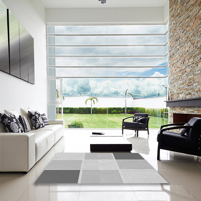 Square Patterned Gunmetal Gray Rug in a Living Room, pat1448gry