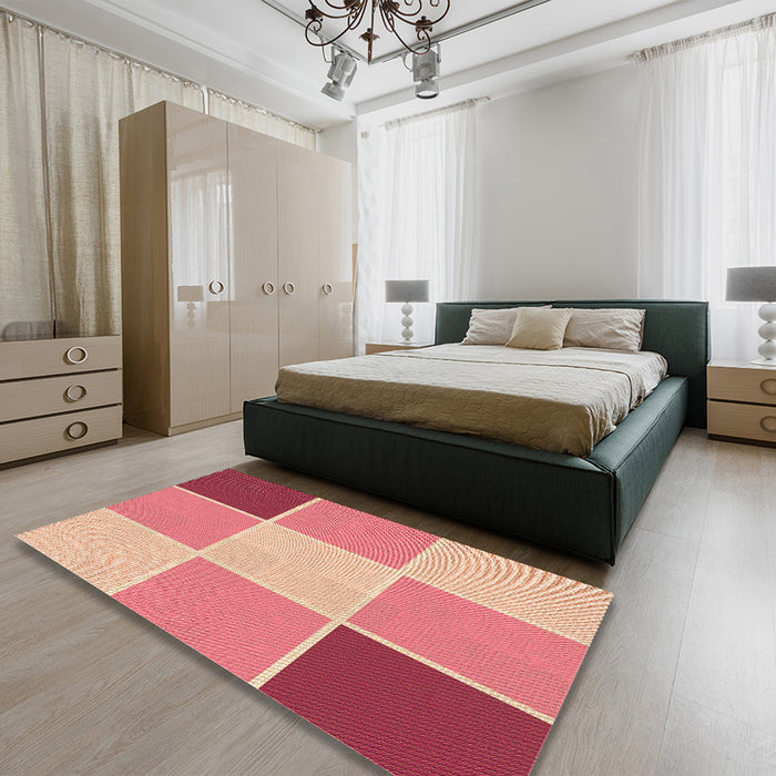 Patterned Crimson Red Rug in a Bedroom, pat1448org