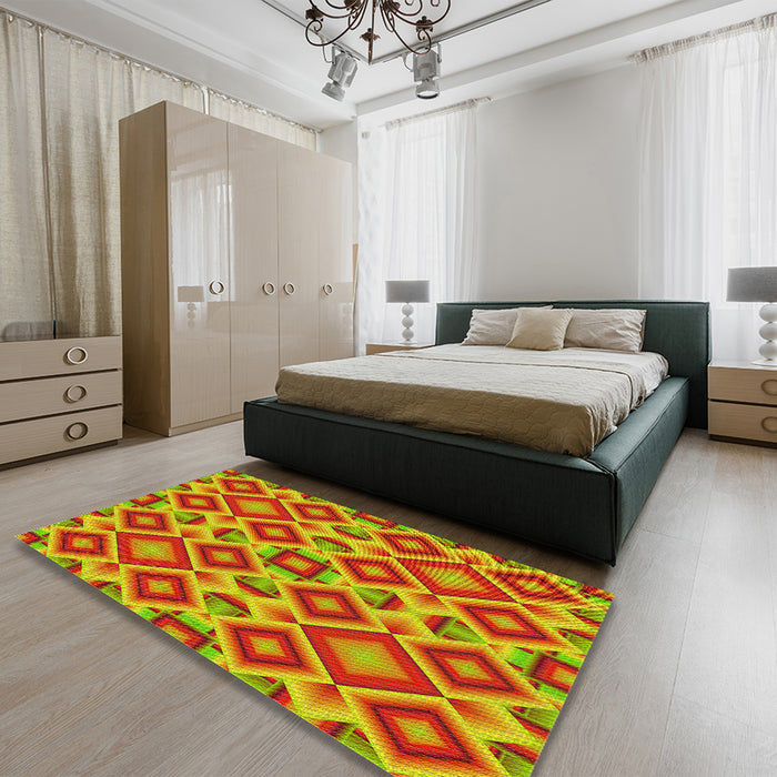 Patterned Golden Brown Yellow Rug in a Bedroom, pat1451yw