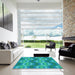 Square Patterned Dark Turquoise Green Rug in a Living Room, pat1453lblu