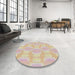 Round Machine Washable Transitional Vanilla Gold Rug in a Office, wshpat1454