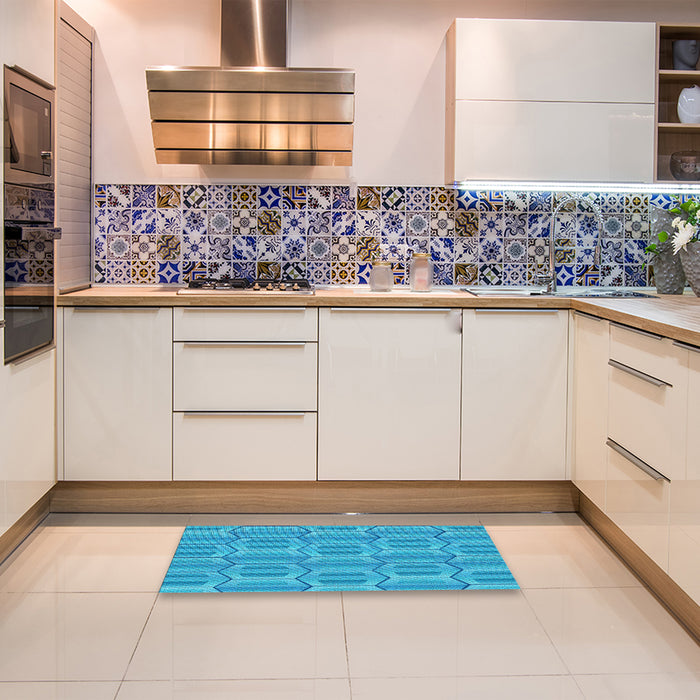 Patterned Bright Cyan Blue Rug in a Kitchen, pat1455lblu