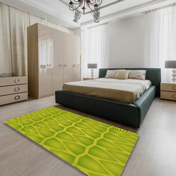 Patterned Neon Yellow Green Rug in a Bedroom, pat1457yw