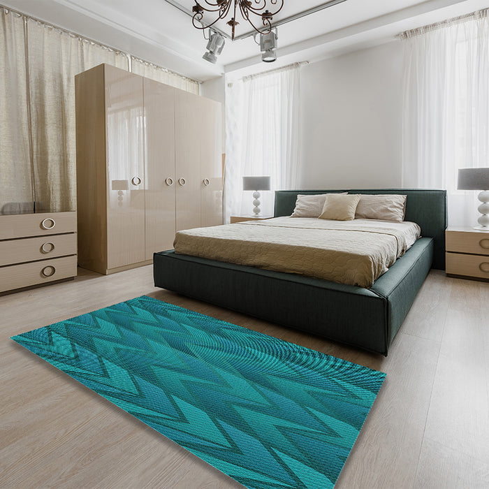Patterned Dark Turquoise Green Rug in a Bedroom, pat1458lblu