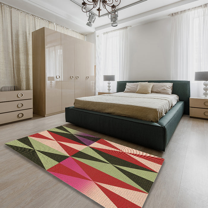 Patterned Tomato Red Rug in a Bedroom, pat1463brn