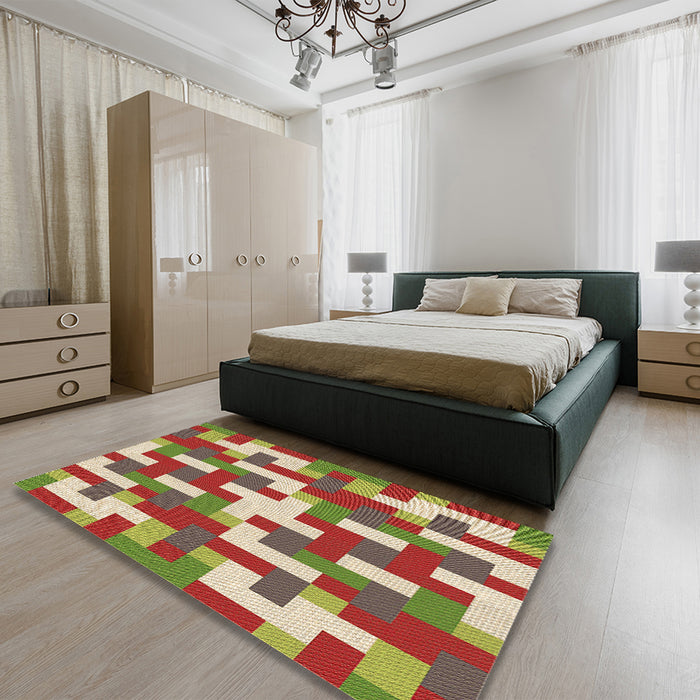 Patterned Ginger Brown Green Rug in a Bedroom, pat1464brn