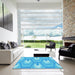 Square Patterned Bright Turquoise Blue Rug in a Living Room, pat1474lblu