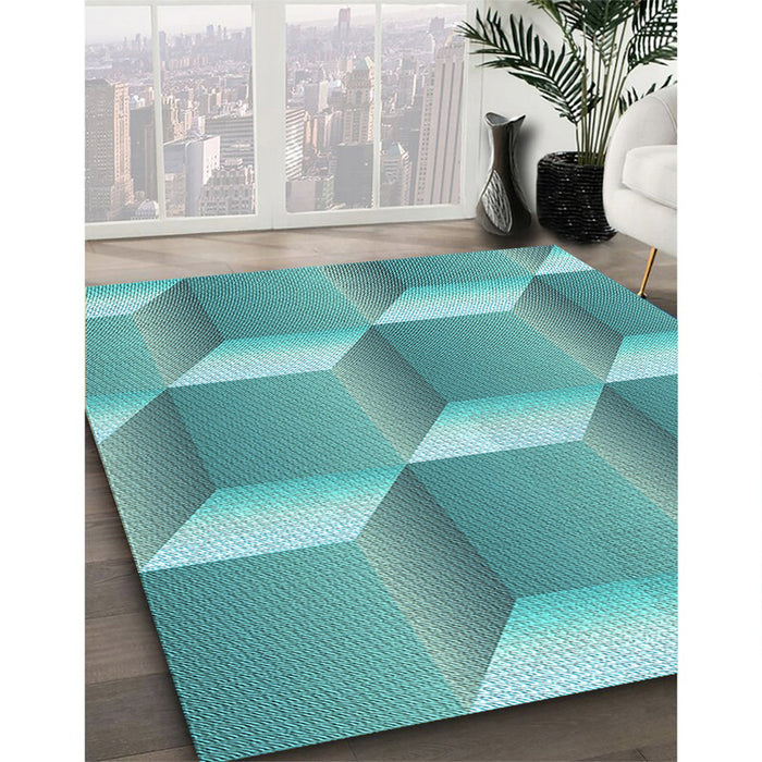 Patterned Deep-Sea Green Rug in Family Room, pat1480lblu