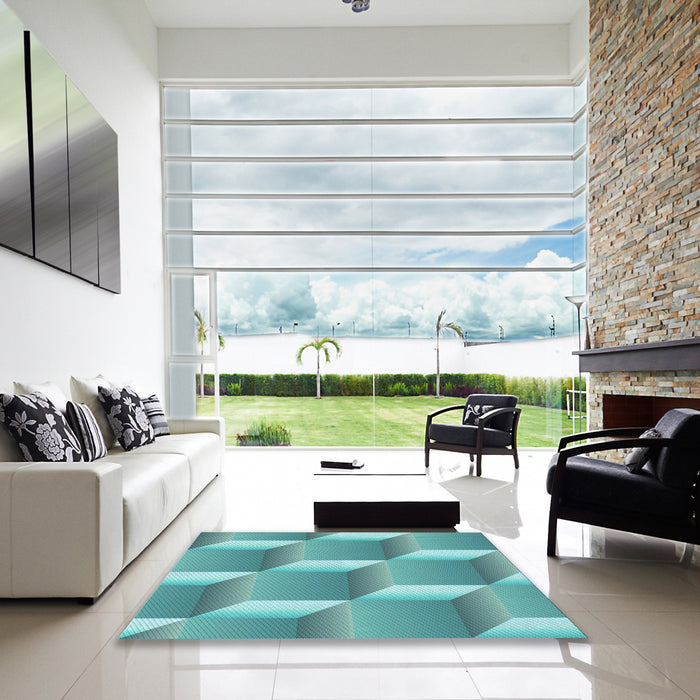 Square Patterned Deep-Sea Green Rug in a Living Room, pat1480lblu