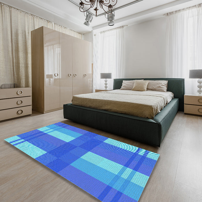 Patterned Bright Turquoise Blue Rug in a Bedroom, pat1481lblu