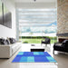 Square Patterned Bright Turquoise Blue Rug in a Living Room, pat1481lblu