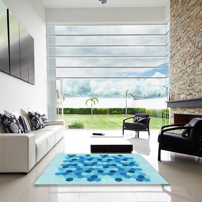 Square Patterned Deep Sky Blue Rug in a Living Room, pat1488lblu