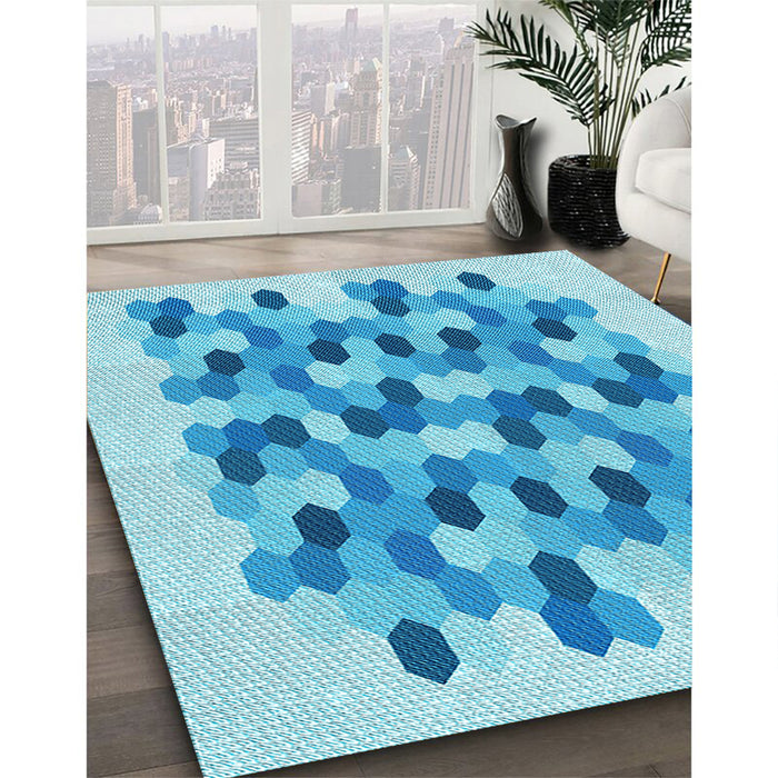 Patterned Deep Sky Blue Rug in Family Room, pat1488lblu