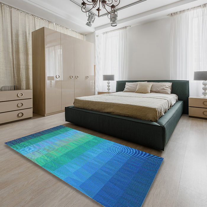 Patterned Dark Turquoise Green Rug in a Bedroom, pat149lblu