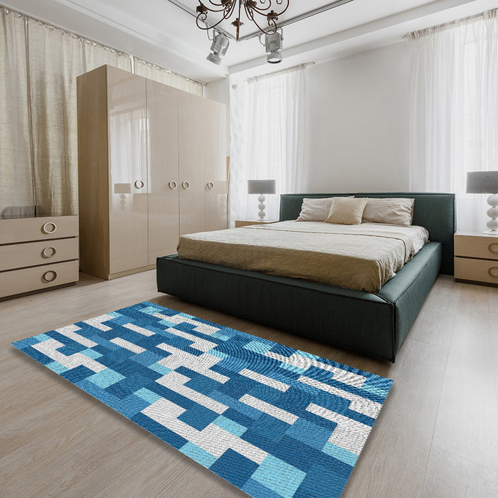 Patterned Sky Blue Novelty Rug in a Bedroom, pat1490