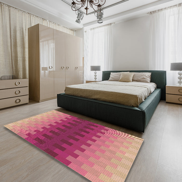 Patterned Raspberry Red Rug in a Bedroom, pat1491brn