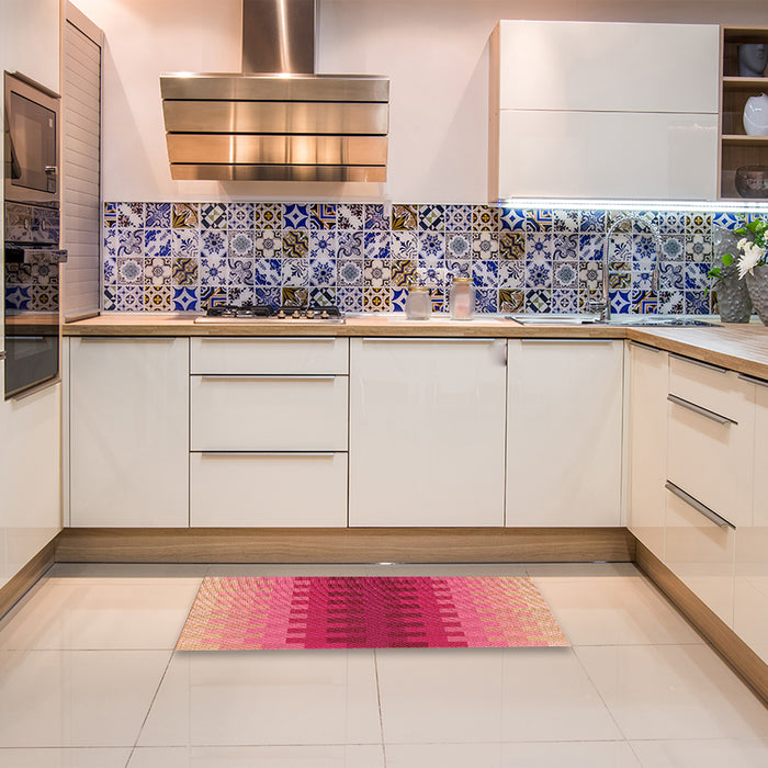 Patterned Crimson Red Rug in a Kitchen, pat1491org