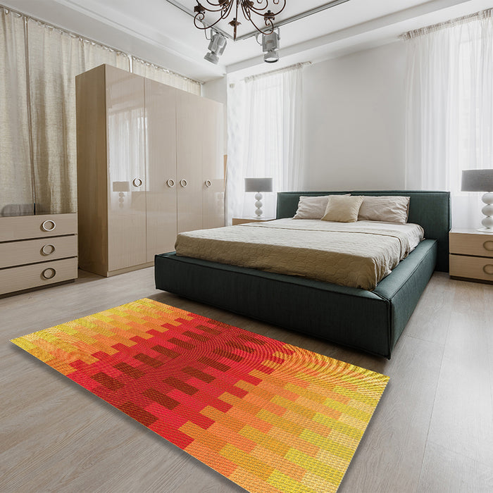 Patterned Neon Red Rug in a Bedroom, pat1491yw