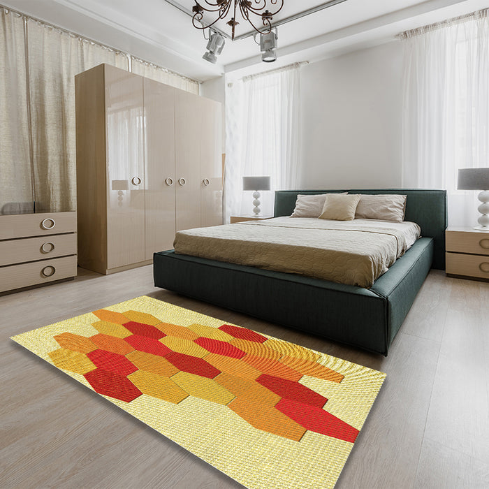 Patterned Orange Red Orange Rug in a Bedroom, pat1492yw