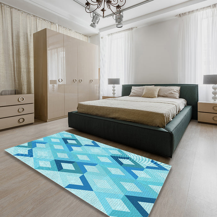 Patterned Deep Sky Blue Rug in a Bedroom, pat1494lblu