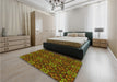 Patterned Dark Yellow Green Rug in a Bedroom, pat1498yw