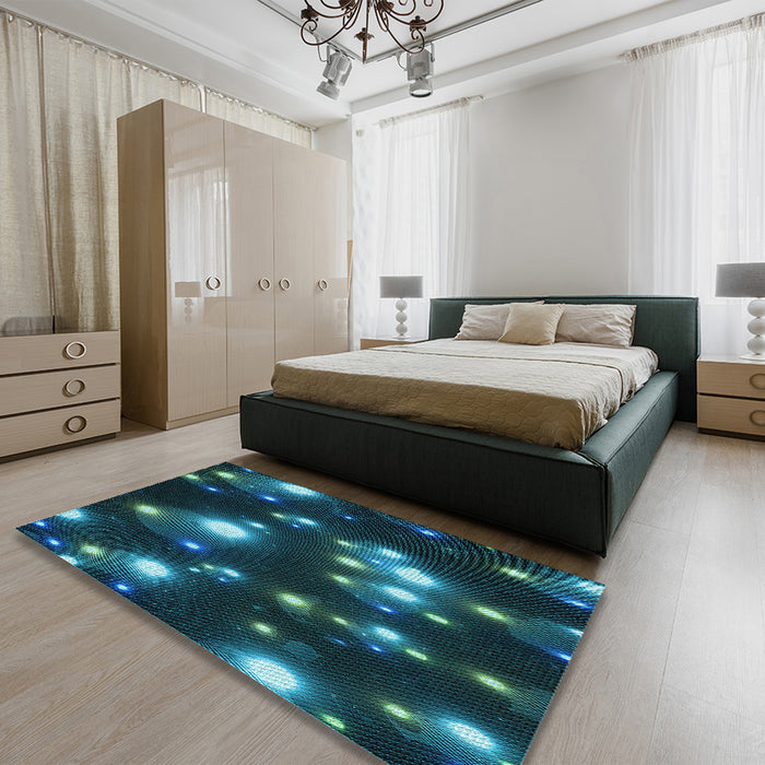 Patterned Deep Teal Green Rug in a Bedroom, pat15lblu