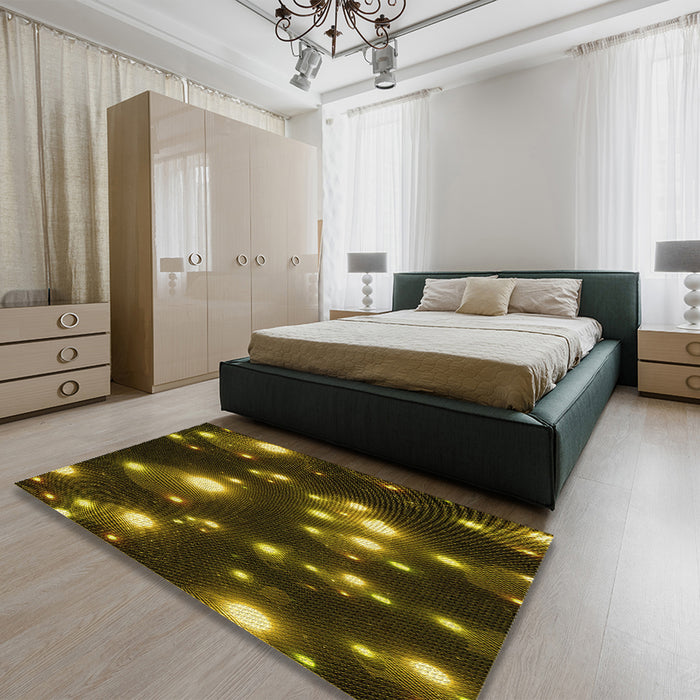 Patterned Dark Yellow Green Rug in a Bedroom, pat15yw