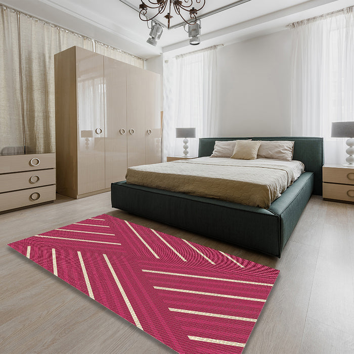 Patterned Crimson Red Rug in a Bedroom, pat1502brn