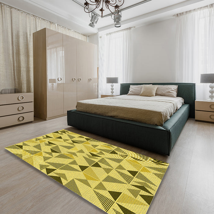 Patterned Yellow Rug in a Bedroom, pat1505yw