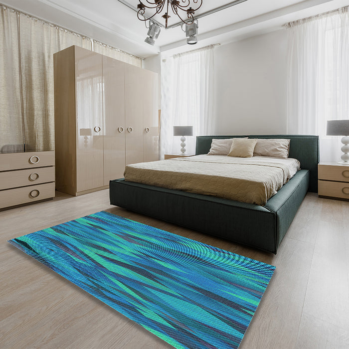 Patterned Dark Turquoise Green Rug in a Bedroom, pat1507lblu
