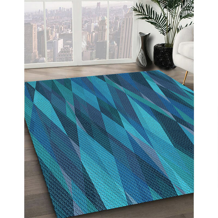 Patterned Deep Sky Blue Rug in Family Room, pat1509lblu