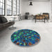 Round Patterned Macaw Blue Green Rug in a Office, pat1515lblu