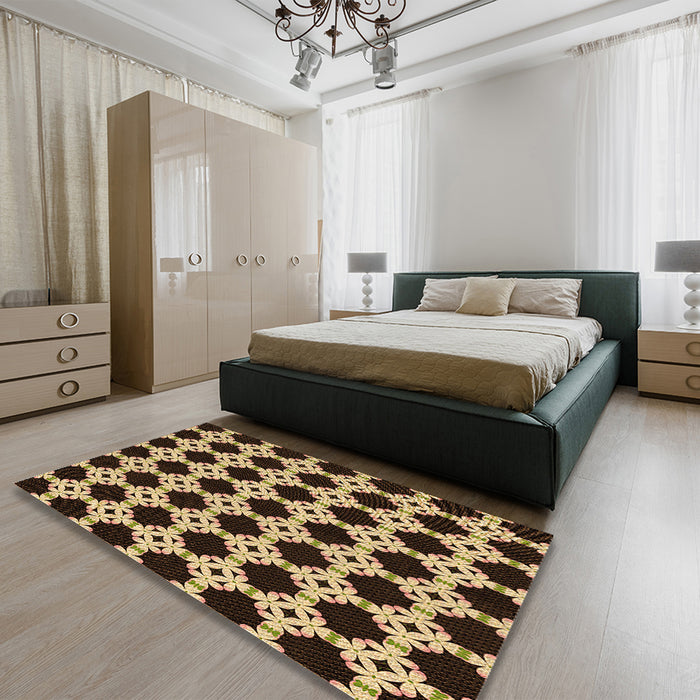 Patterned Yellow Orange Rug in a Bedroom, pat1516org