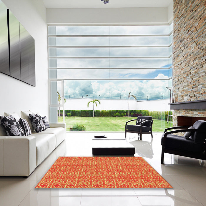 Square Patterned Saffron Yellow Rug in a Living Room, pat1518yw